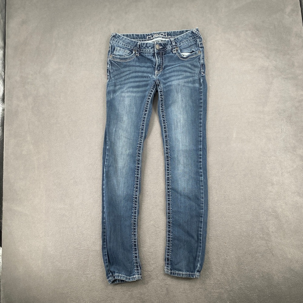 rue21 Low Rise Skinny Jeans Blue Denim Y2K Contrast Stitch Size 3/4 Long